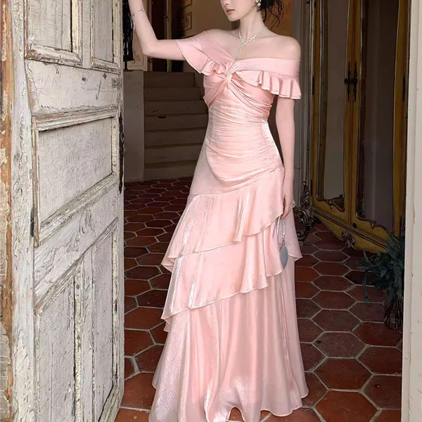 Meliora Elegant Pastel Pink Off-Shoulder Ruffles Evening Dress - Image 3