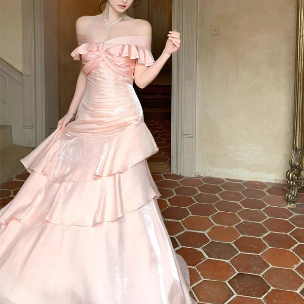 Meliora Elegant Pastel Pink Off-Shoulder Ruffles Evening Dress - Image 5