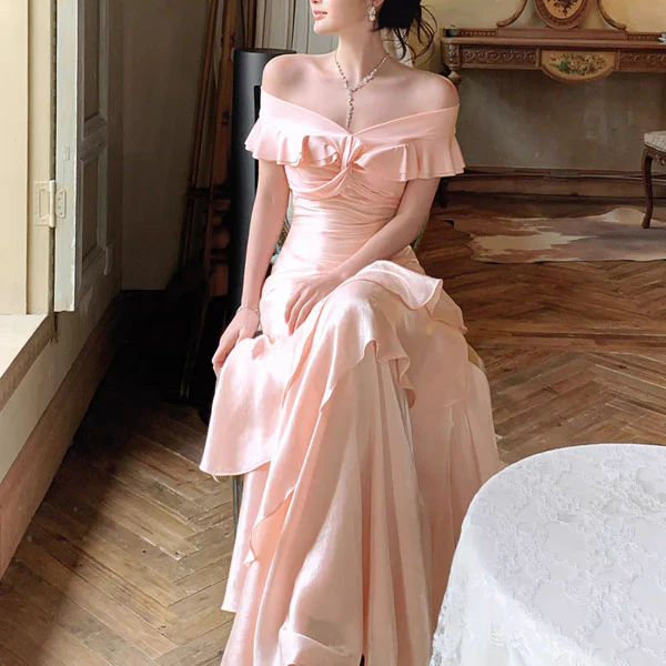 Meliora Elegant Pastel Pink Off-Shoulder Ruffles Evening Dress - Image 6