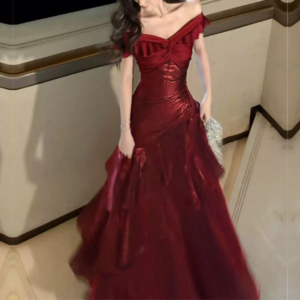 Meliora Elegant Red Off-Shoulder Ruffles Evening Dress