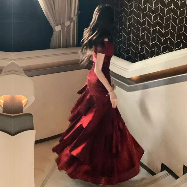 Meliora Elegant Red Off-Shoulder Ruffles Evening Dress - Image 2