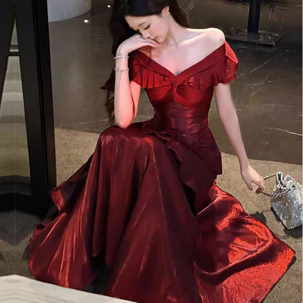 Meliora Elegant Red Off-Shoulder Ruffles Evening Dress - Image 3