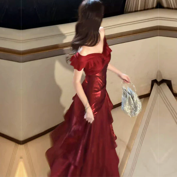 Meliora Elegant Red Off-Shoulder Ruffles Evening Dress - Image 4