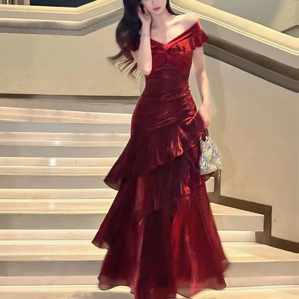 Meliora Elegant Red Off-Shoulder Ruffles Evening Dress - Image 5