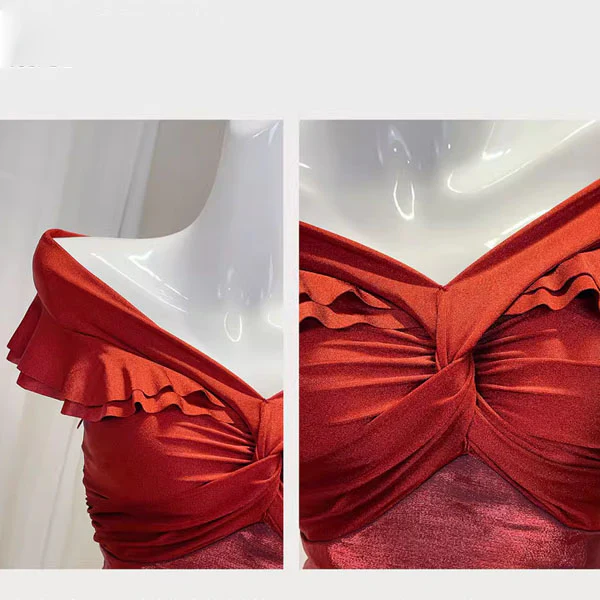 Meliora Elegant Red Off-Shoulder Ruffles Evening Dress - Image 7