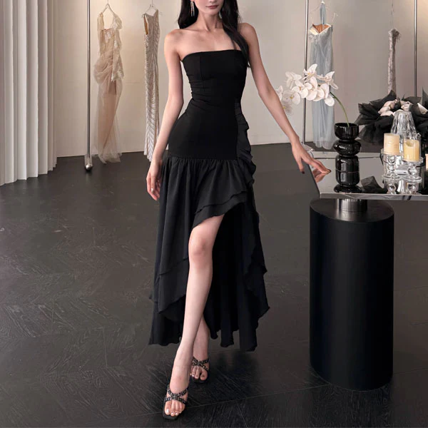 Melodie Black Strapless Hi-Low Ruffles Dress - Image 7