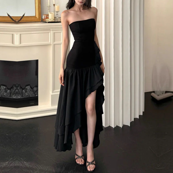 Melodie Black Strapless Hi-Low Ruffles Dress - Image 8