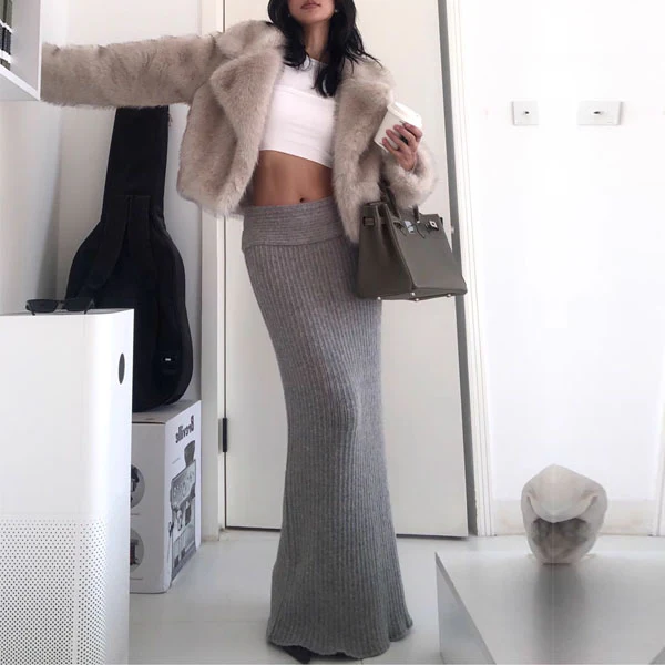 Molly Grey Low Waist Knit Long Skirt - Image 2