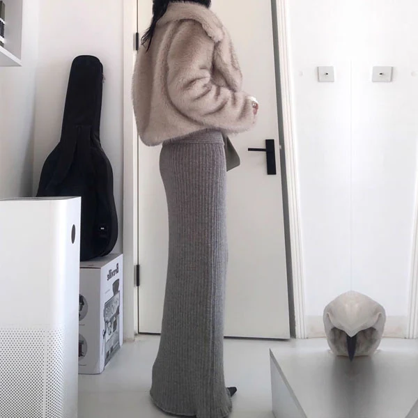 Molly Grey Low Waist Knit Long Skirt - Image 4