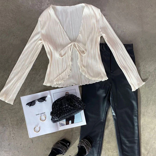 Naria Pleated Long Sleeve Relax Tie Front Top - Image 5