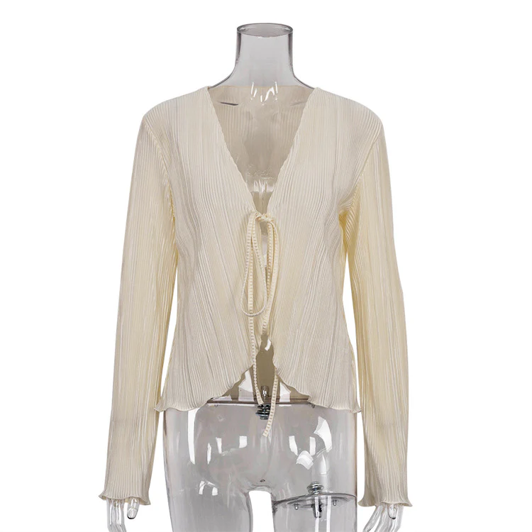 Naria Pleated Long Sleeve Relax Tie Front Top - Image 6