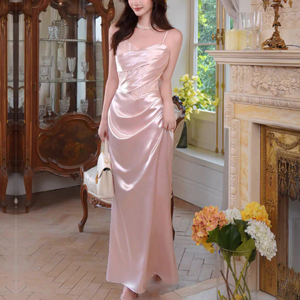Natalia Elegant Pastel Pink Draped Corset with Lace Detail Evening Dress