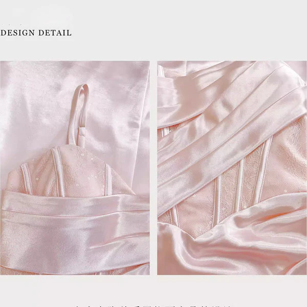 Natalia Elegant Pastel Pink Draped Corset with Lace Detail Evening Dress - Image 10