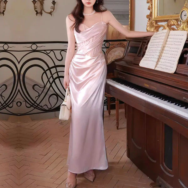 Natalia Elegant Pastel Pink Draped Corset with Lace Detail Evening Dress - Image 3