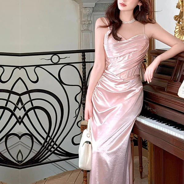 Natalia Elegant Pastel Pink Draped Corset with Lace Detail Evening Dress - Image 6