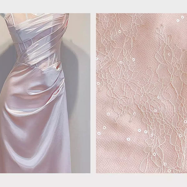 Natalia Elegant Pastel Pink Draped Corset with Lace Detail Evening Dress - Image 9