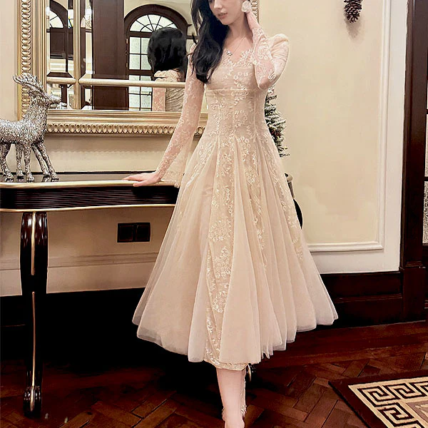 Nysa Ethereal Long Sleeve Lace Flare Dress - Image 3