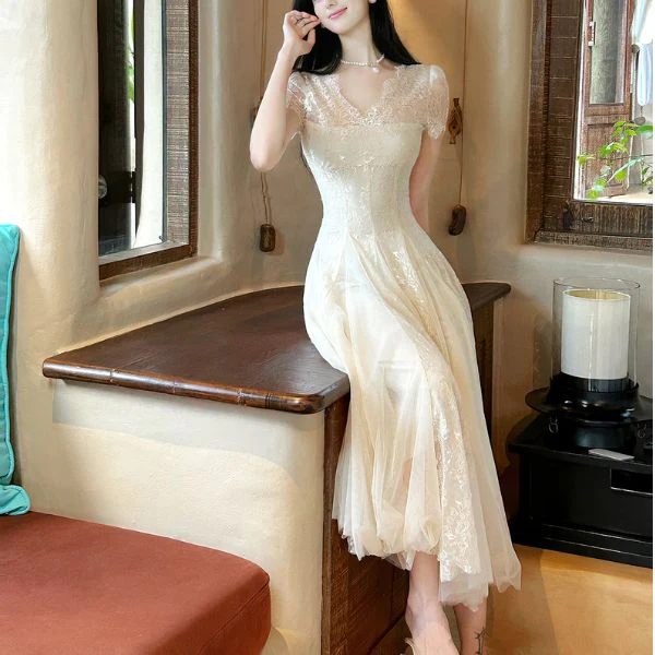 Nysa Ethereal Short Sleeve Lace Flare Dress - Image 4