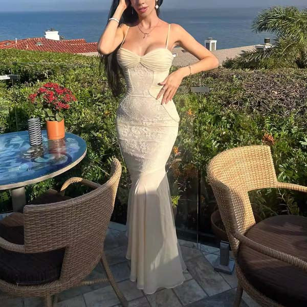 Regina Ivory Floral Embroidered Lace Ruched Maxi Dress - Image 4