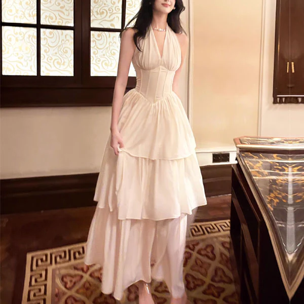 Rita Elegant Ivory Halter Layered Maxi Dress - Image 2