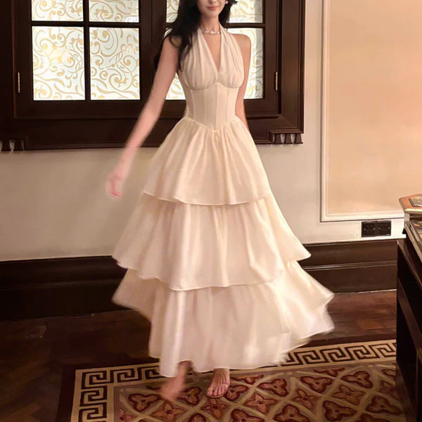 Rita Elegant Ivory Halter Layered Maxi Dress - Image 3