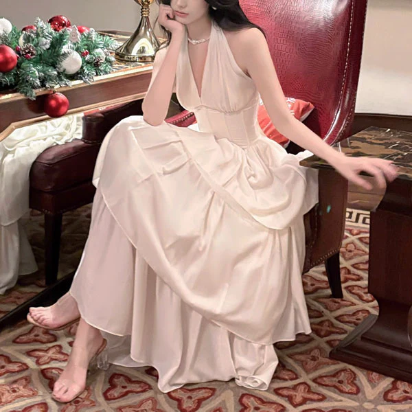 Rita Elegant Ivory Halter Layered Maxi Dress - Image 4