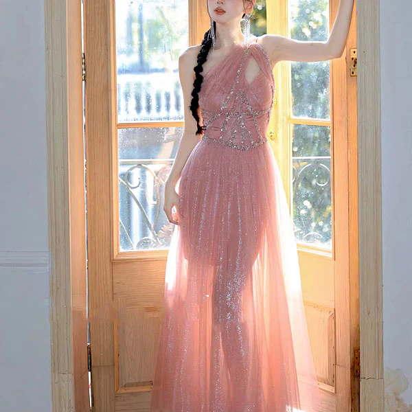 Rosabelle Pink Asymmetrical Embellished Tulle Evening Dress
