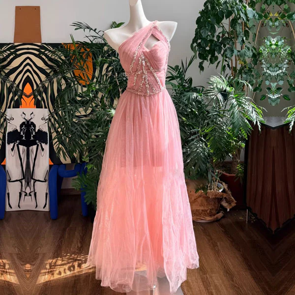 Rosabelle Pink Asymmetrical Embellished Tulle Evening Dress - Image 10