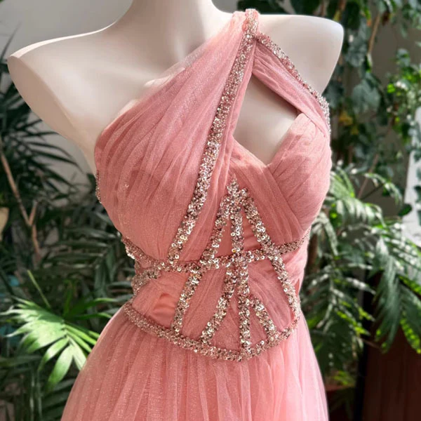 Rosabelle Pink Asymmetrical Embellished Tulle Evening Dress - Image 12