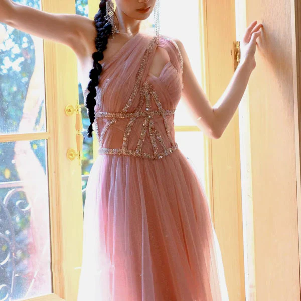 Rosabelle Pink Asymmetrical Embellished Tulle Evening Dress - Image 2