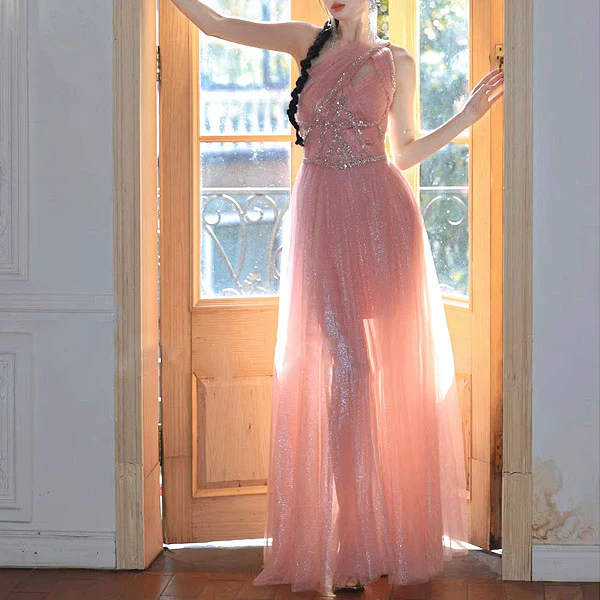 Rosabelle Pink Asymmetrical Embellished Tulle Evening Dress - Image 3