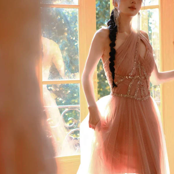 Rosabelle Pink Asymmetrical Embellished Tulle Evening Dress - Image 4