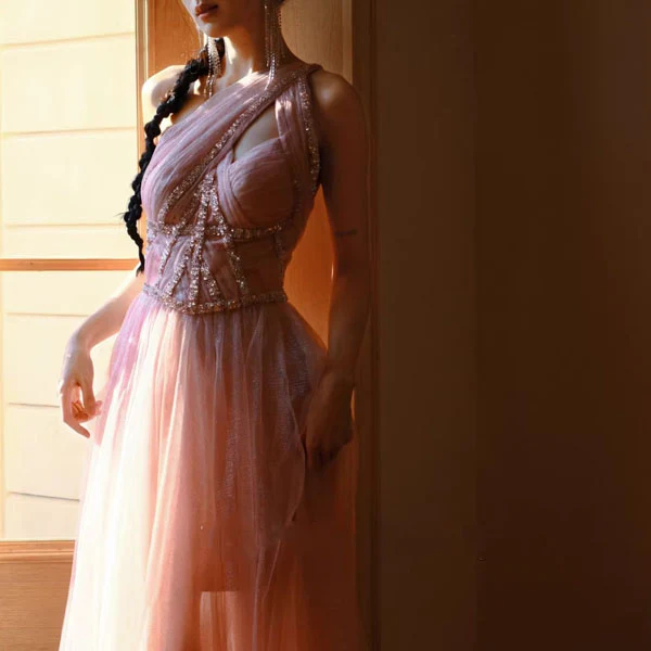 Rosabelle Pink Asymmetrical Embellished Tulle Evening Dress - Image 5