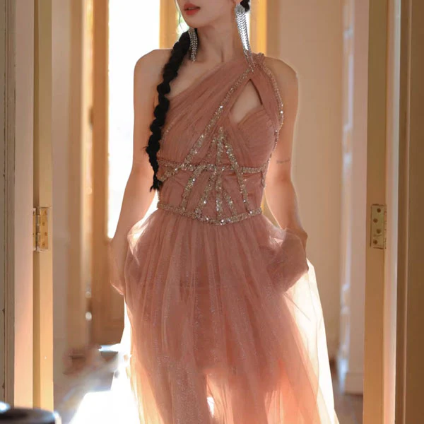 Rosabelle Pink Asymmetrical Embellished Tulle Evening Dress - Image 6