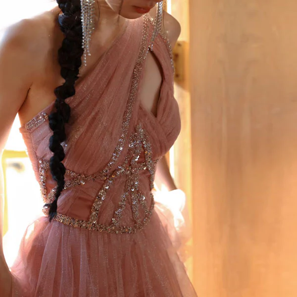 Rosabelle Pink Asymmetrical Embellished Tulle Evening Dress - Image 7