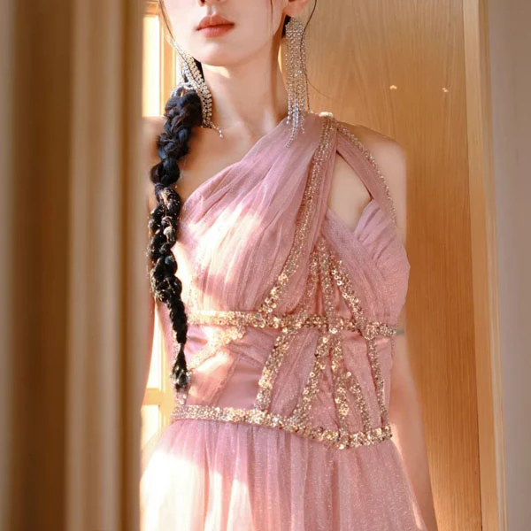 Rosabelle Pink Asymmetrical Embellished Tulle Evening Dress - Image 8