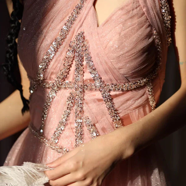 Rosabelle Pink Asymmetrical Embellished Tulle Evening Dress - Image 9