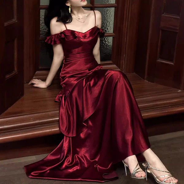 Rosaire Elegant Scarlet Off-Shoulder Ruffles Evening Dress - Image 6