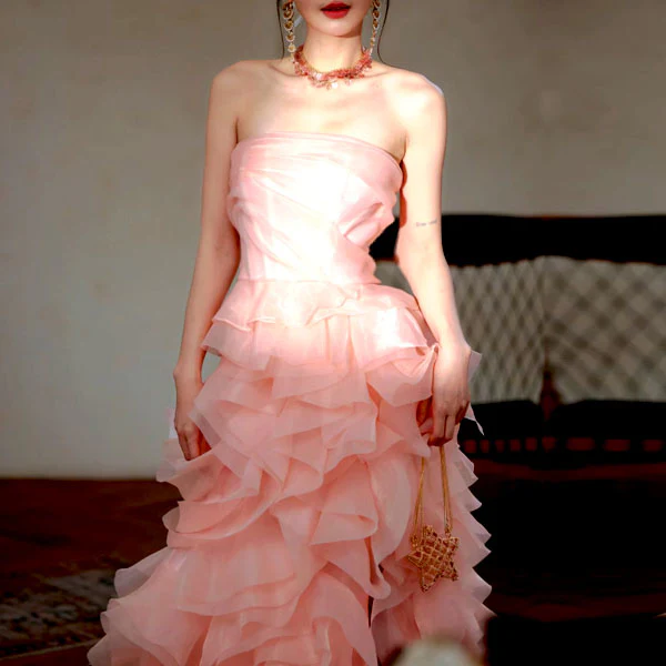 Rosalie Baby Pink Strapless Rose Tiered Gown - Image 3