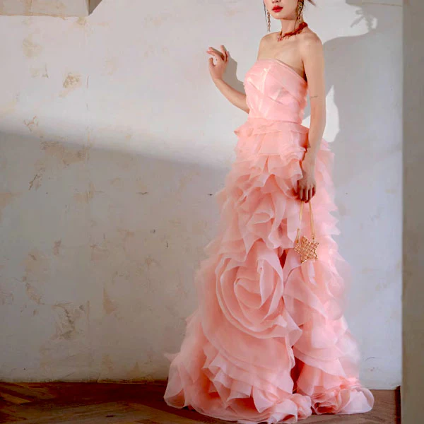 Rosalie Baby Pink Strapless Rose Tiered Gown - Image 4