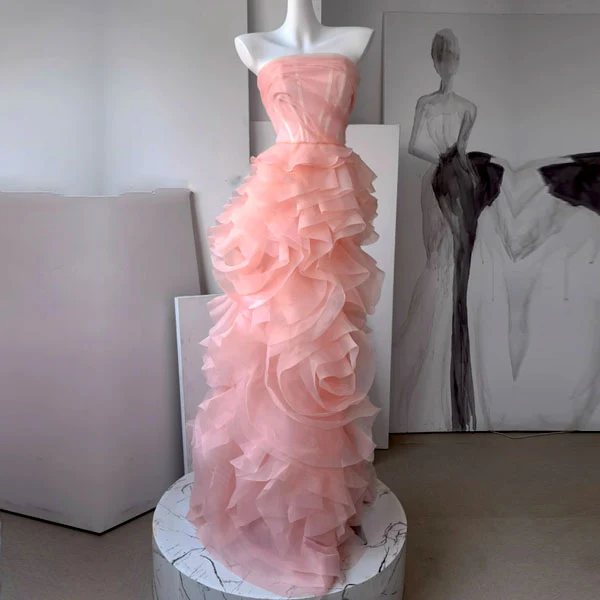 Rosalie Baby Pink Strapless Rose Tiered Gown - Image 8