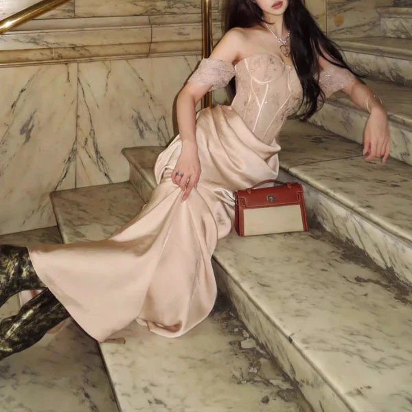 Sara Ethereal Lace Off-Shoulder Drape Evening Dress - Image 3