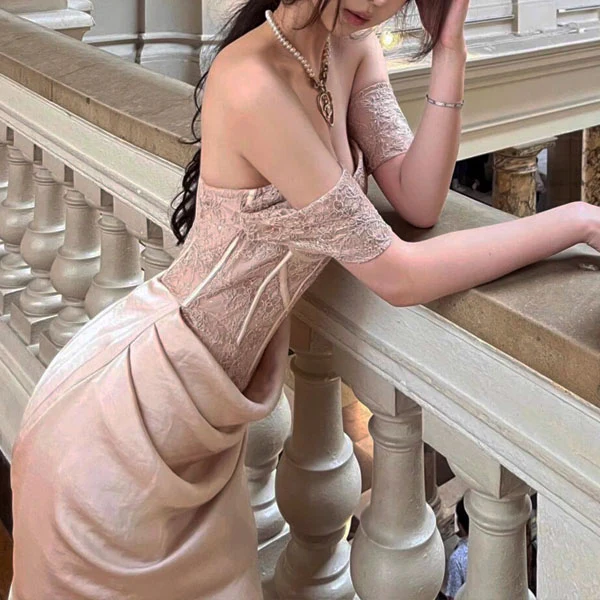 Sara Ethereal Lace Off-Shoulder Drape Evening Dress - Image 6