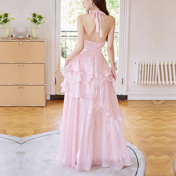 Seraphina Pastel Pink Halter Tie Tiered Evening Dress - Image 2