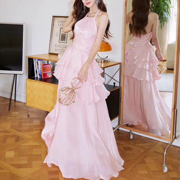 Seraphina Pastel Pink Halter Tie Tiered Evening Dress - Image 3