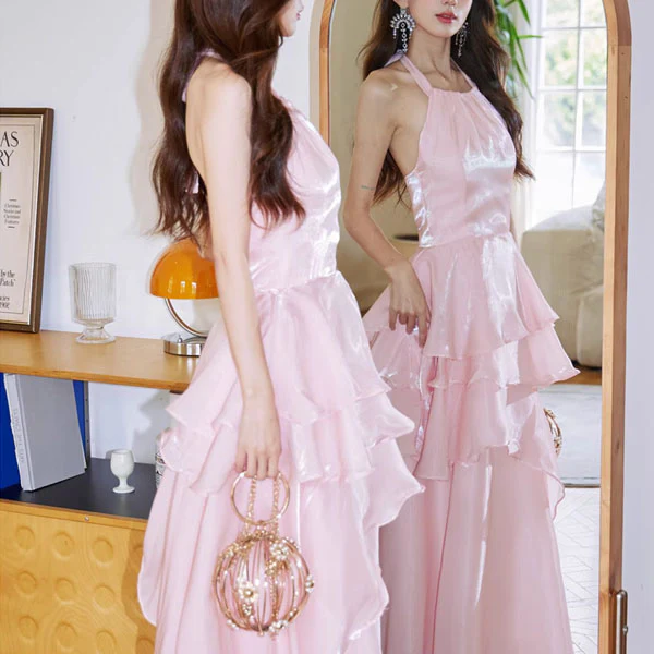 Seraphina Pastel Pink Halter Tie Tiered Evening Dress - Image 4