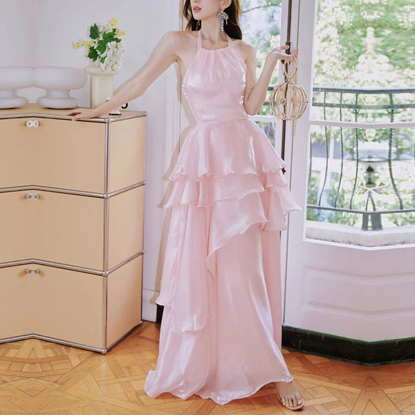 Seraphina Pastel Pink Halter Tie Tiered Evening Dress - Image 5