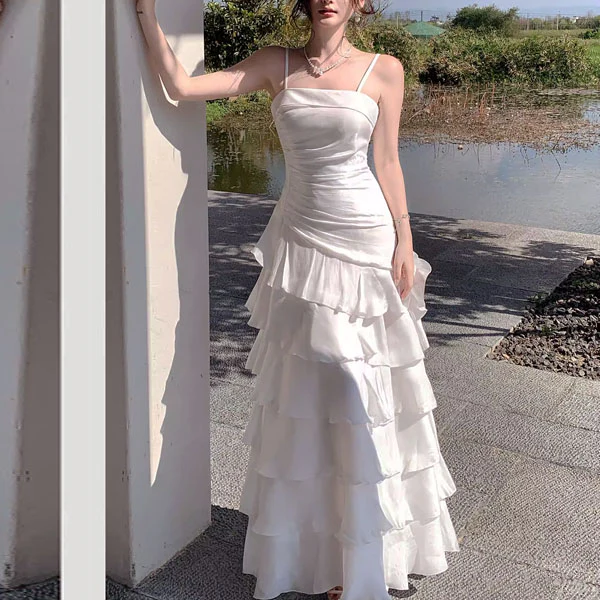 Serenelle Enchanting Pearl White Tiered Ruffles Maxi Dress