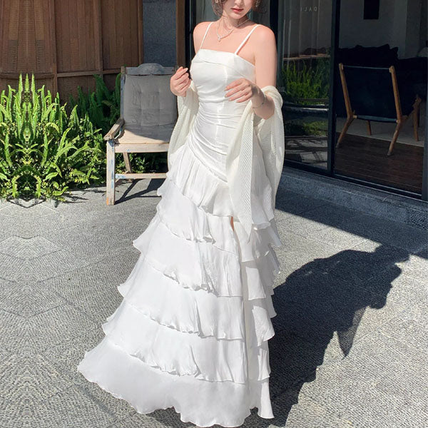 Serenelle Enchanting Pearl White Tiered Ruffles Maxi Dress - Image 2
