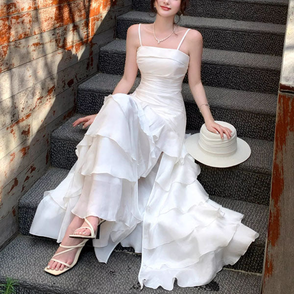 Serenelle Enchanting Pearl White Tiered Ruffles Maxi Dress - Image 4